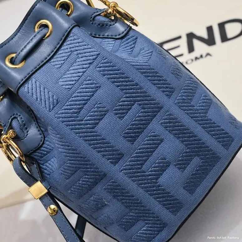 Affordable HOT Canvas FF Mon Bucket Mini Blue In Motif with Bag Fendi Tresor Handle Woven 0607